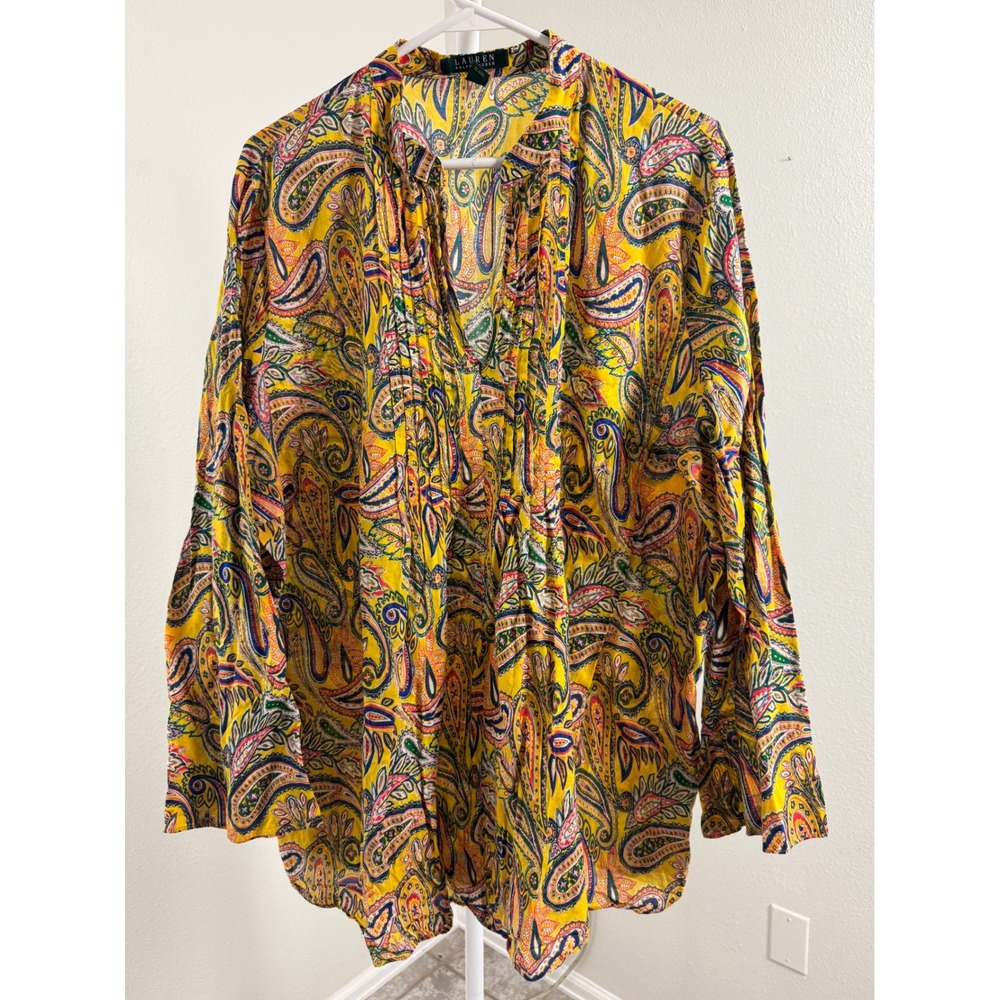 Ralph‎ Lauren Yellow Paisley Cotton Pleated Blouse Plus Size 2X Long Sleeve